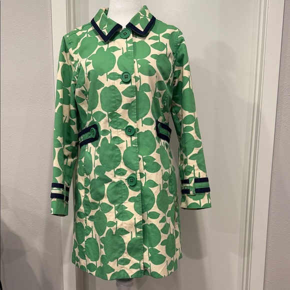 Boden Apple Print Rain Coat Cotton Hooded Green White Size 14 - Picture 9 of 14